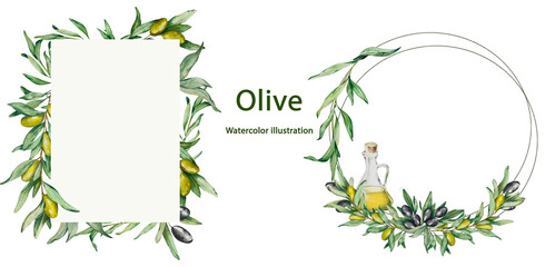 Sat Square Frame, Wreath. Watercolor Green Olives, Twigs with Fruits, Leaves, Olive Oil. Black. Packaging Design Cosmetics, Kitchen, Home Textiles, Invitations, Cafe Menus, Tableware, Recipes
