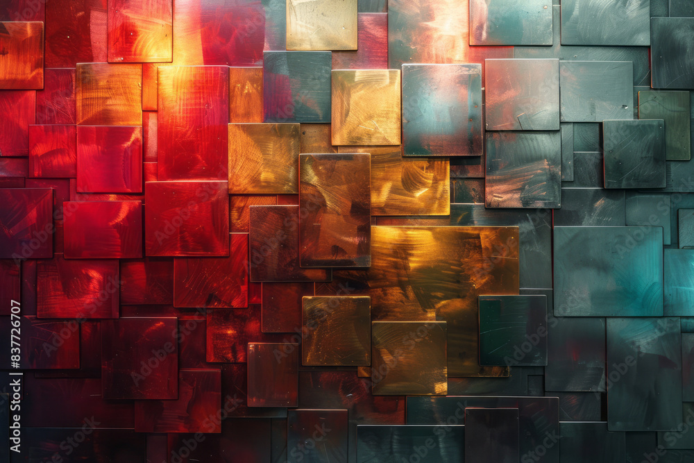 Aufkleber An abstract pattern of stacked rectangles with gradients shifting from red to gold, reflecting each other,