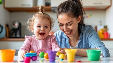Fototapeta premium A woman engages a toddler in play within a vibrant room, surrounded by colorful cups on a table The smiling toddler faces her