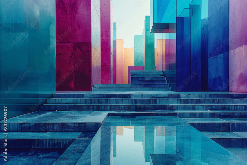 Poster stacked rectangles with gradients from teal to navy blue, forming layered reflections,