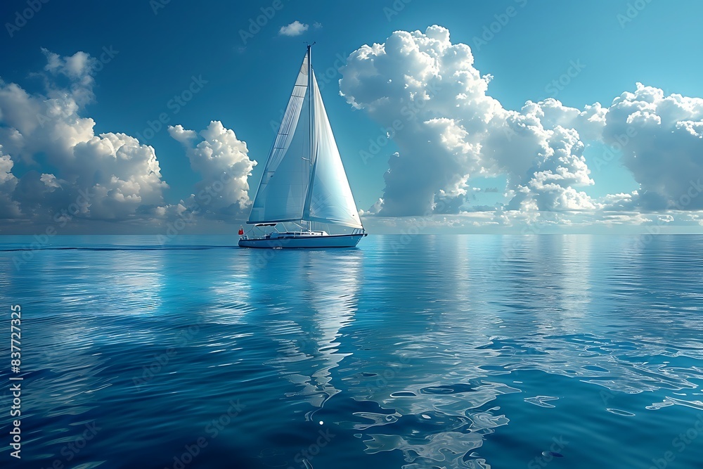 Wall mural a sailboat floating in the middle of the ocean under a cloudy blue sky with a few clouds in the dist