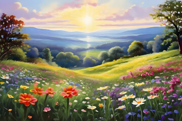 Fototapeta premium Sunlit Spring Meadow with Flower Carpet and Tree Border
