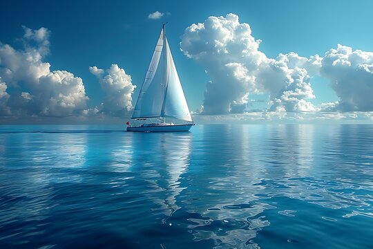 a sailboat floating in the middle of the ocean under a cloudy blue sky with a few clouds in the distance.