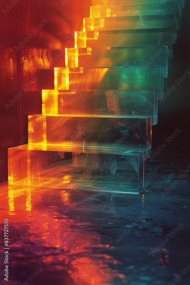 Poster abstract stacked rectangles with gradients from deep green to lime, creating a layered reflection ef