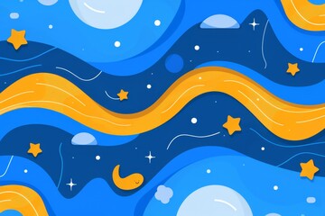 Fototapeta premium Colorful abstract space background with stars, moons, and wavy lines in blue and yellow