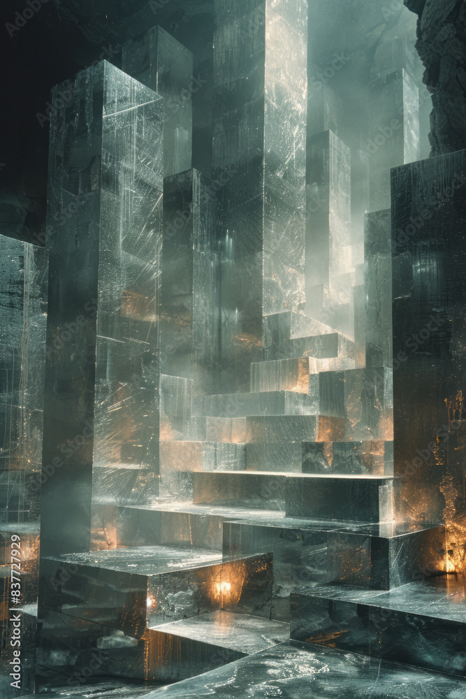 Poster Abstract composition of stacked rectangles with gradients from silver to charcoal grey, creating reflections,