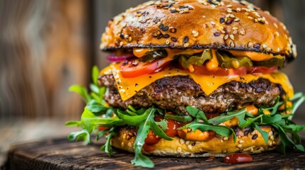 Delicious gourmet burger with fresh vegetables and cheese on a sesame seed bun, perfect for a hearty meal. Close-up shot.