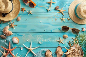 Beach holiday articles for family prepared on table top view