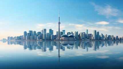 Reflection of Modern City Skyline on Calm Water