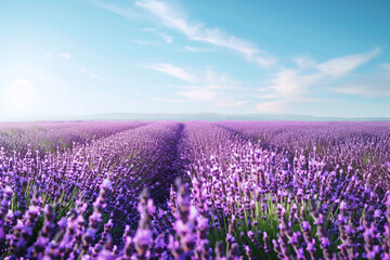 Peaceful Lavender Field in Full Bloom under Clear Blue Sky