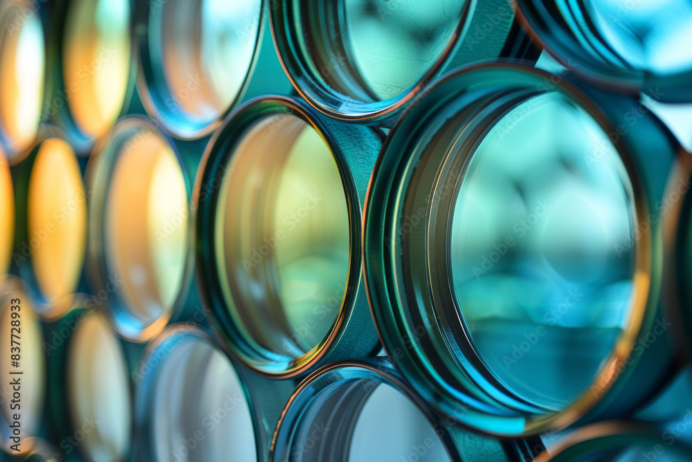 Leinwandbilder a composition of gradient glass circles reflecting each other, with colors transitioning from blue t