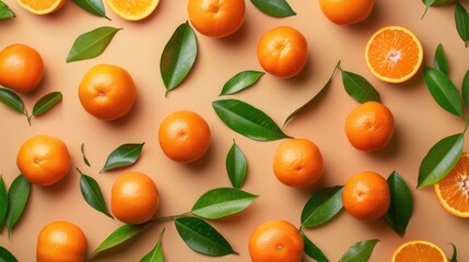 Clementine background with loose leaves.