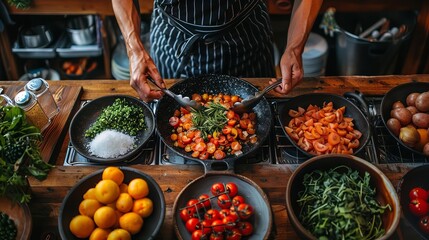 Obraz premium Healthy lifestyle, individual preparing nutritious meal, modern kitchen, fresh ingredients