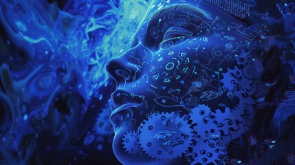 Human head face hologram gear AI technology blue screen light