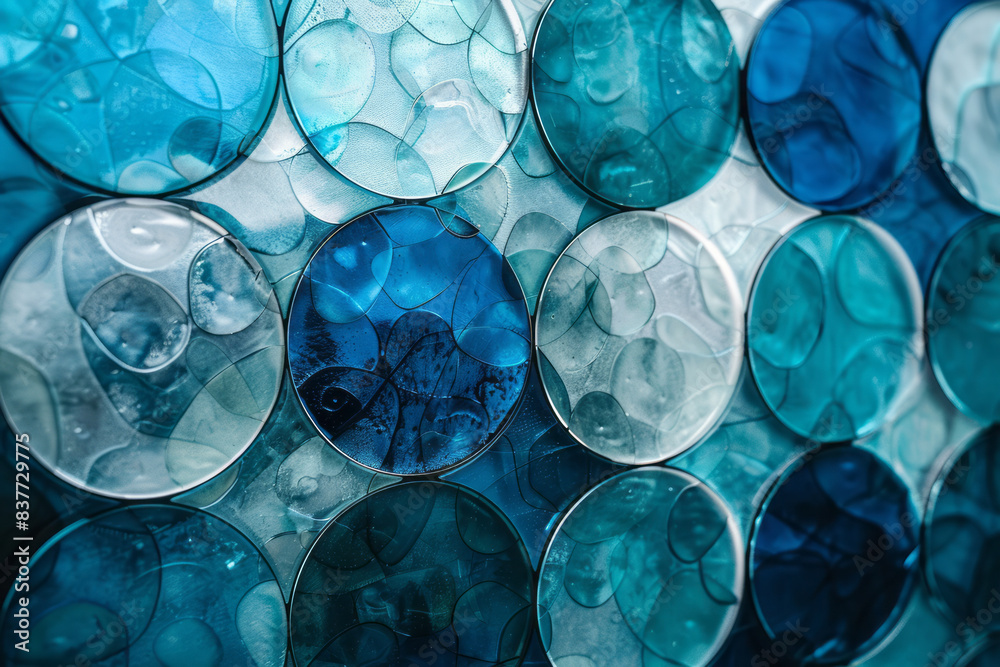 Poster gradient glass circles transitioning from deep blue to aqua, reflecting softly against each other,