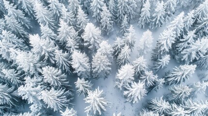 A drone photograph of snow-covered trees in a dense forest, resembling a white blanket