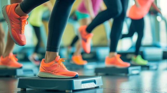 Close-up of participants wearing neon orange sneakers stepping on aerobic steppers during a fitness class session