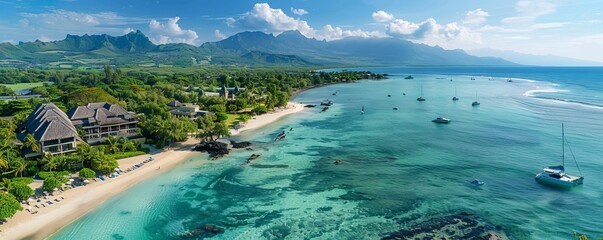 Aerial drone view of 5 star resort Shangri - La Le Touessrok with sandy beach, white villas, sailing boats and mountain range in the background, Ilot Lievres, Flacq, Mauritius