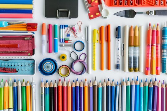 Assortment of school supplies with very varied material on white table. Top view. Panoramic composition.
