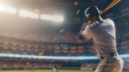 The image shows a focused baseball player in mid-swing, aiming for a pitch in a stadium