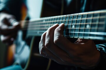 Acoustic guitar fingerboard detail and hands playing doing a D major chord