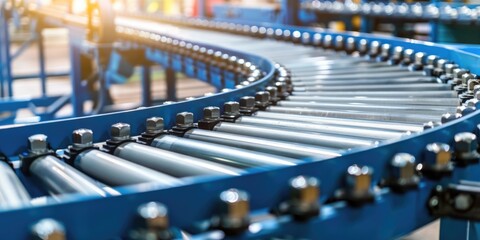Obraz premium Close up of Conveyor belt for filling processing in production line of industry manufacture, factory roller system for transfers products