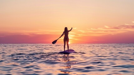 A woman is standing on a surfboard in the ocean at sunset