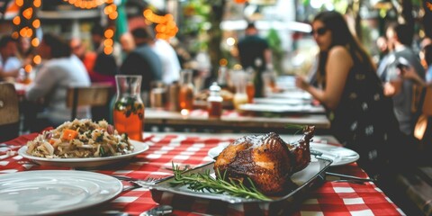 Outdoor dining scene with a table set for a festive meal, featuring roast turkey and salad on a red-checkered tablecloth.