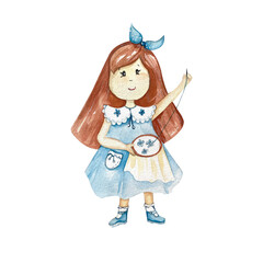 Watercolor Illustration. Cute Seamstress Girl in Blue Dress. with Embroidery in Hands. Children's Vintage Illustration. For Design Blogs, Websites, Postcards, Packaging