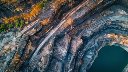 A drone photograph of an open pit mine, displaying the layers and depth of excavation