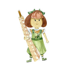 Watercolor Illustration. Cute Seamstress Girl in Green Costume. with Roll Fabric in Hands. Children's Vintage Illustration. For Design Blogs, Websites, Postcards, Packaging