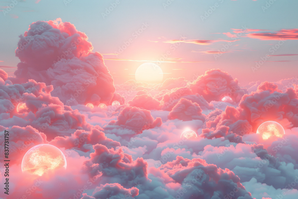 Aufkleber a radiant orb floating in a sea of soft, pastel-colored clouds, creating a dreamy atmosphere,