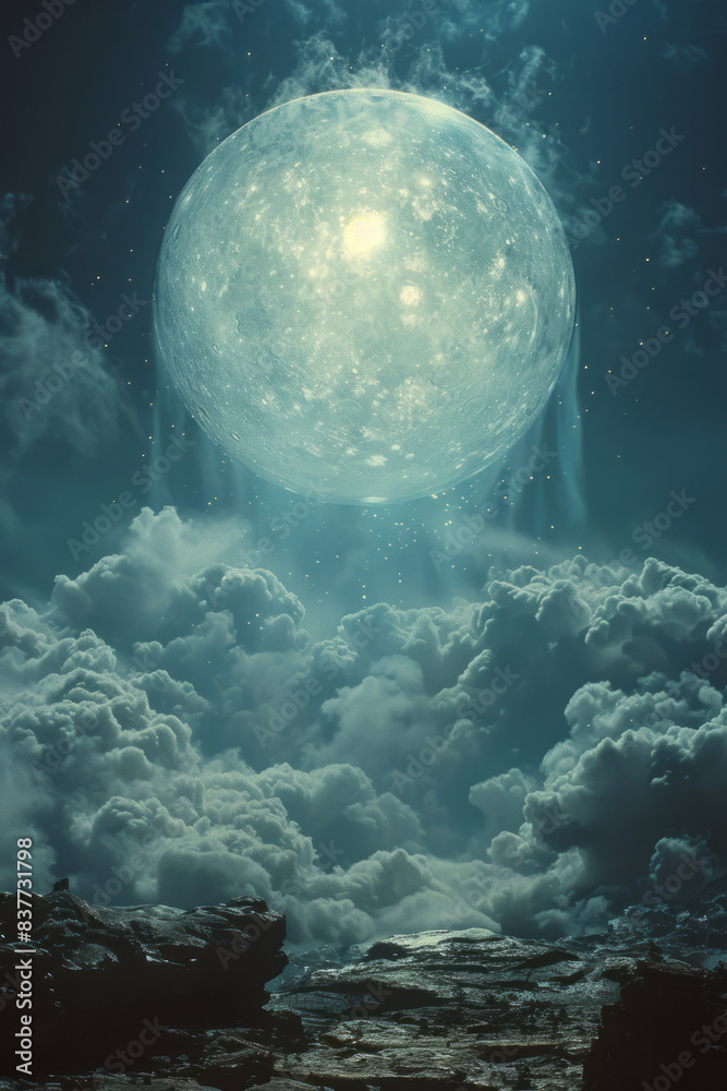 Poster The luminescent orb in a cloudy realm, with shimmering particles of light scattered throughout the mist,