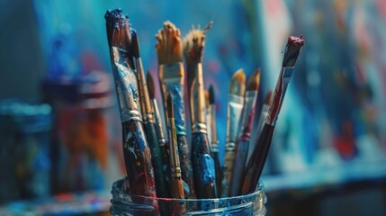 Fototapeta premium Close up of jar full of paintbrushes