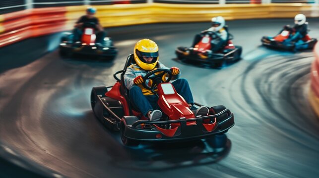 Racer in yellow helmet driving a go-kart at high speed on an indoor racing track with competitors