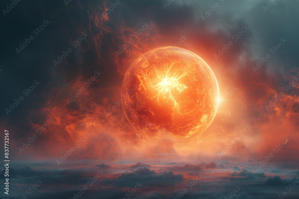 Aufkleber an abstract depiction of a glowing orb in a cloudy realm, with light reflecting off the mist,
