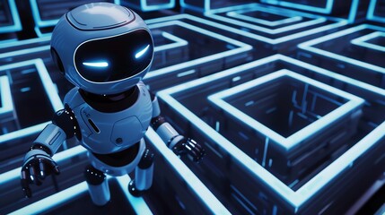 Cute robot exploring a mysterious maze. The robot is white and blue, with a friendly face.