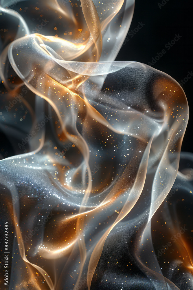 Fototapete dynamic waves of linear patterns in gold and silver, radiating fluid harmony against a dark backgrou
