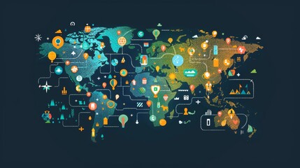 Obraz premium World map highlighting Sustainable Development Goals with icons for each goal, vibrant colors, and interconnected paths