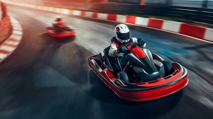 Intense focus of a go-kart racer alone on the racing track with speed and motion blur