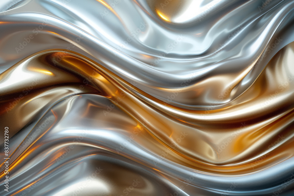 Poster abstract linear waves in shades of gold and silver, intertwining gracefully to form a fluid design,