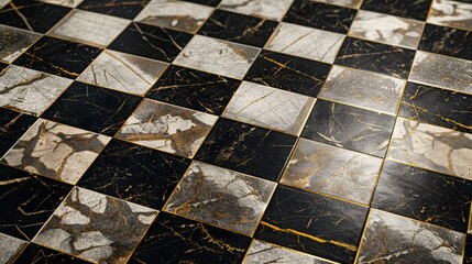 Close-up of a stylish black and gray checkerboard marble floor with intricate patterns and textures, perfect for modern design inspiration.