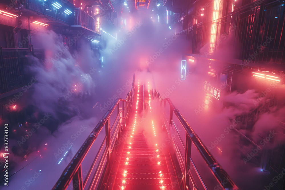 Poster a futuristic spacecraft navigating through a maze of neon light beams and electric space clouds,