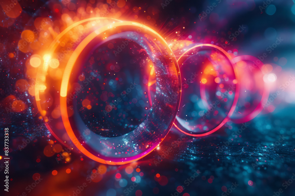 Poster an abstract composition of neon rings and spirals, representing the orbits of planets and stars in a