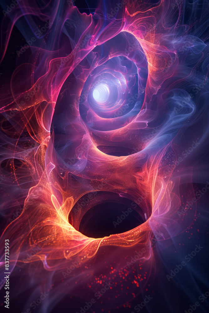 Aufkleber an abstract representation of a black hole surrounded by neon light rings, creating a sense of depth