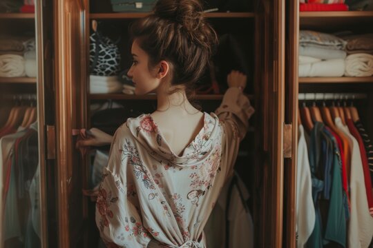 Young woman in bathrobe standing in front of wardrobe. Concept of trying to choose outfit dressing.