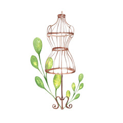 Vintage Forged Mannequin. Watercolor illustration. For Blogs, Websites, Handicrafts, Sewing Tools Packaging, Textiles