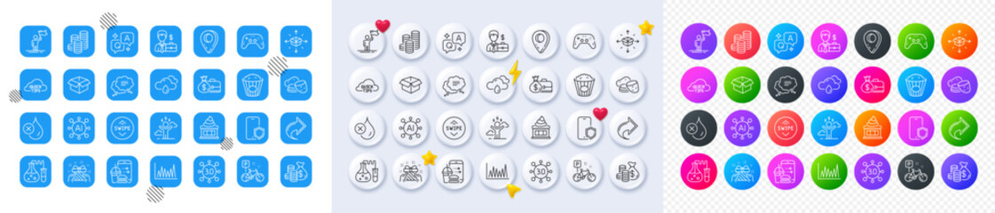Web3, Rainy weather and Difficult stress line icons. Square, Gradient, Pin 3d buttons. AI, QA and map pin icons. Pack of Food order, Popcorn, Bike icon. Phone protect, Share, Coins pictogram. Vector