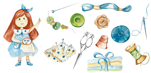 Theme Sewing, Handicrafts. Cute Girl Seamstress with Tailoring Tools - Pincushion, Fabric, Scissors, Buttons, Threads, Pins. Watercolor Illustration. For Websites, Handicrafts, Sewing Tools Packaging