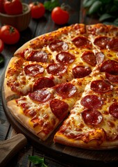 Pizza - Pepperoni pizza with a golden crust and melted cheese.